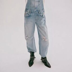 We The Free Light Blue Distressed Denim Overalls